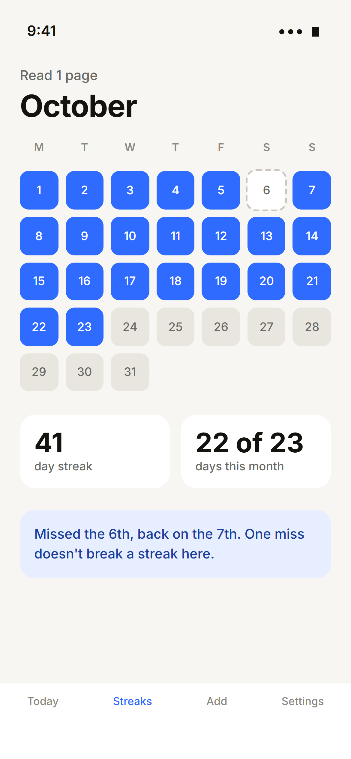 Streaky’s streak calendar